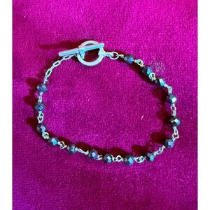 Black Diamond & Sterling Silver Faceted Wire Wrapped Rosary Bead Toggle Bracelet
